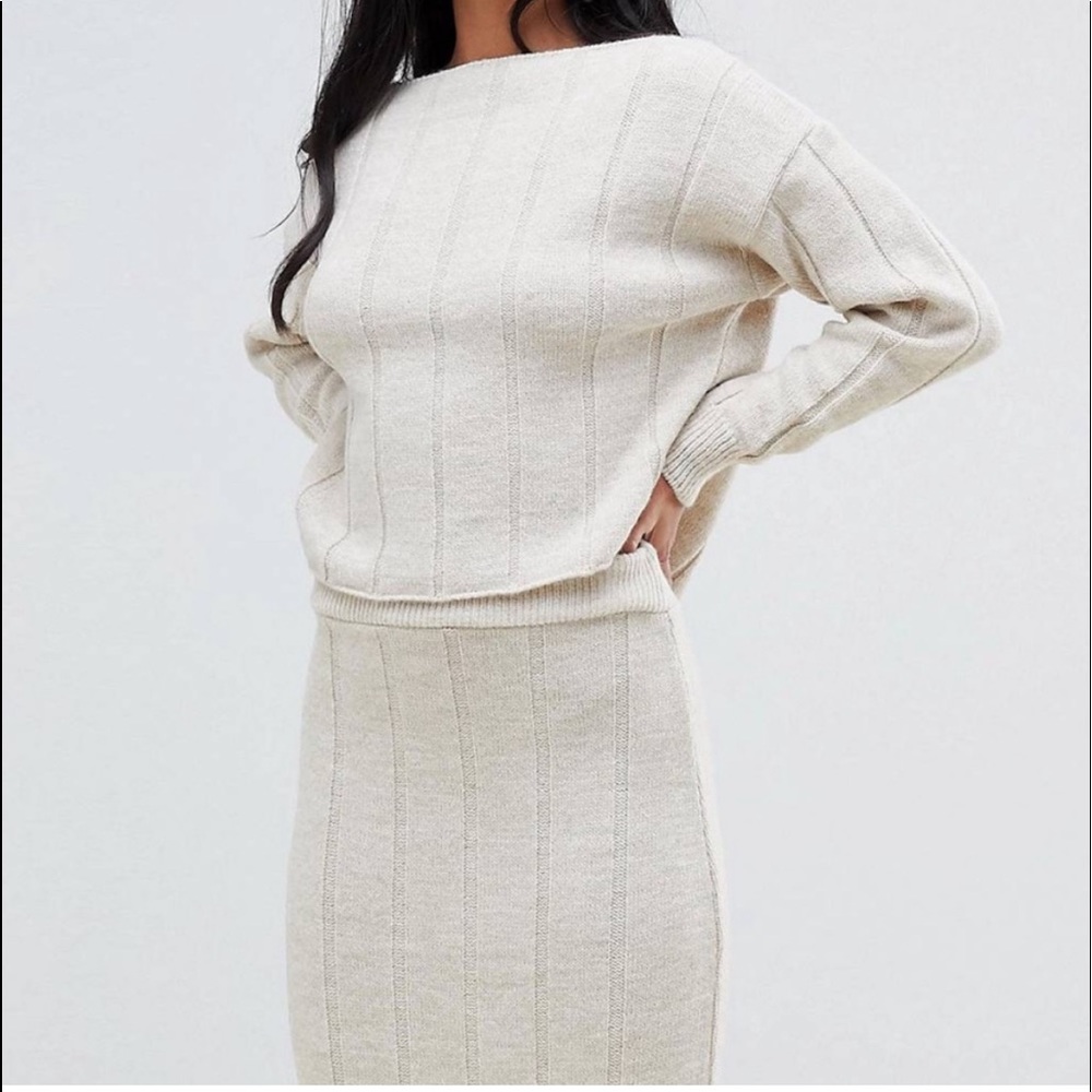 ASOS Cream White Knit Skirt Set Crop Top MIDI Skirt 8
